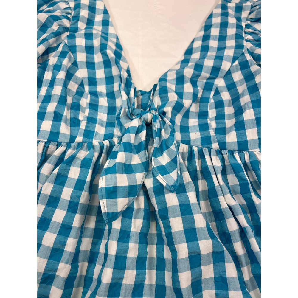 Lilly Pulitzer Gingham Tie-Front Top Puff Sleeve Blue White Blouse - Picture 2 of 5